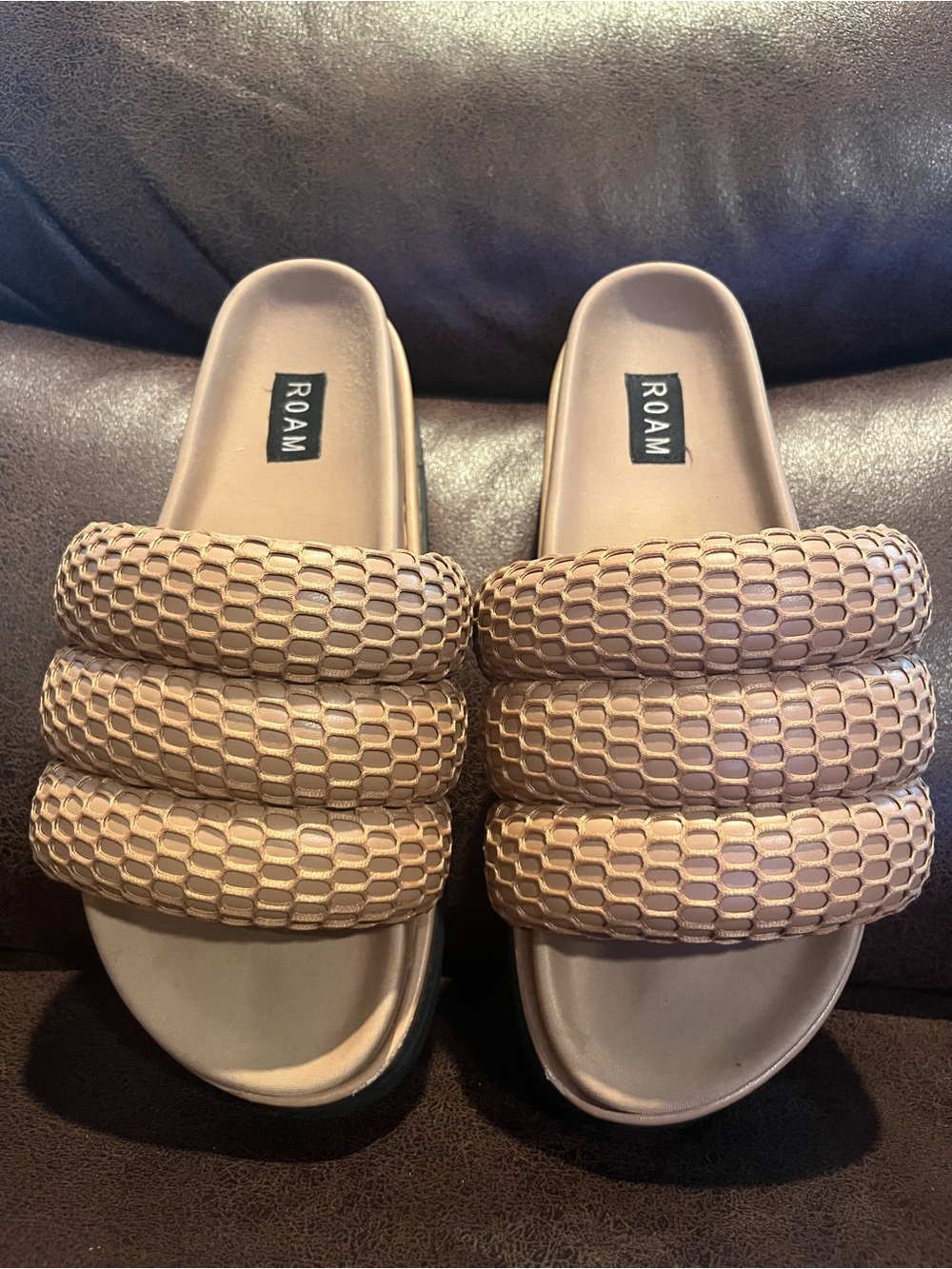 ROAM Padded Triple-Strap Slide Sandals in Taupe